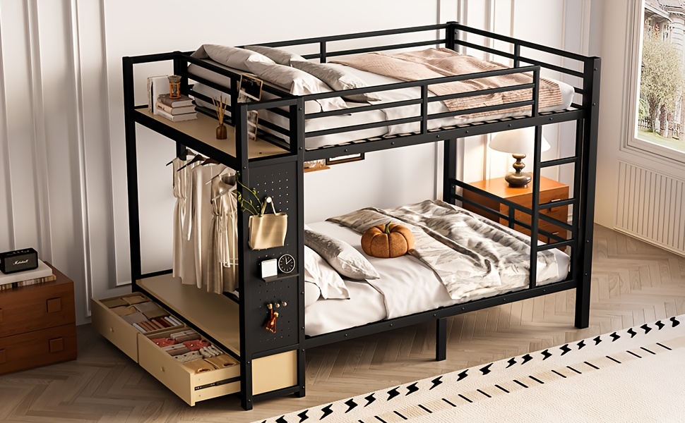 BELLEMAVE Full Over Full Size Metal Bunk Bed with Storage Shelves, Drawers And Pegboard, Heavy-Duty Loft Bed with Noise-Reduced Design, No Box Spring Required, Black