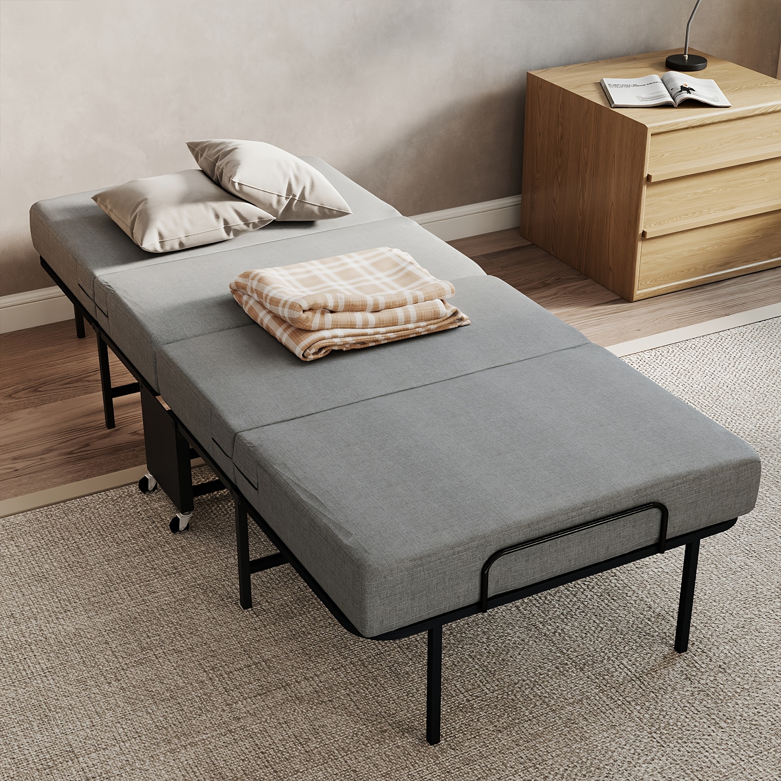 Folding Bed with Mattress, Twin Foldable Guest Bed for Adults, Roll Away Bed, Portable Bed with Memory Foam Mattress & Sturdy Metal Frame for Bedroom, Office, Apartments, Space-Saving Design for Easy Storage, 77