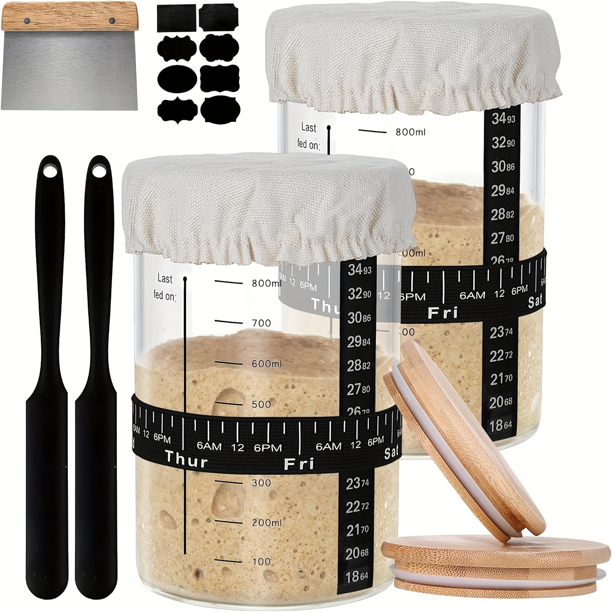 

Sourdough Starter Jar-1000ml/24oz, Bread Starter Kit 2 Pack With Silicone Scraper, Bread Scraper, Thermometer Strip, Date Marked Feeding Band, Cloth Cover And Wood Lid, Reusable For Diy Bread