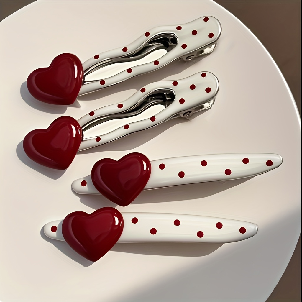 4 Red Heart Polka Dot Duckbill Clips. Sweet And Cute Hair Accessory, Fashionable Hair Clip, Suitable For Women, Perfect Casual Hair Accessory | Accessory | Polka Dot Pattern, Adorable Hair Accessory