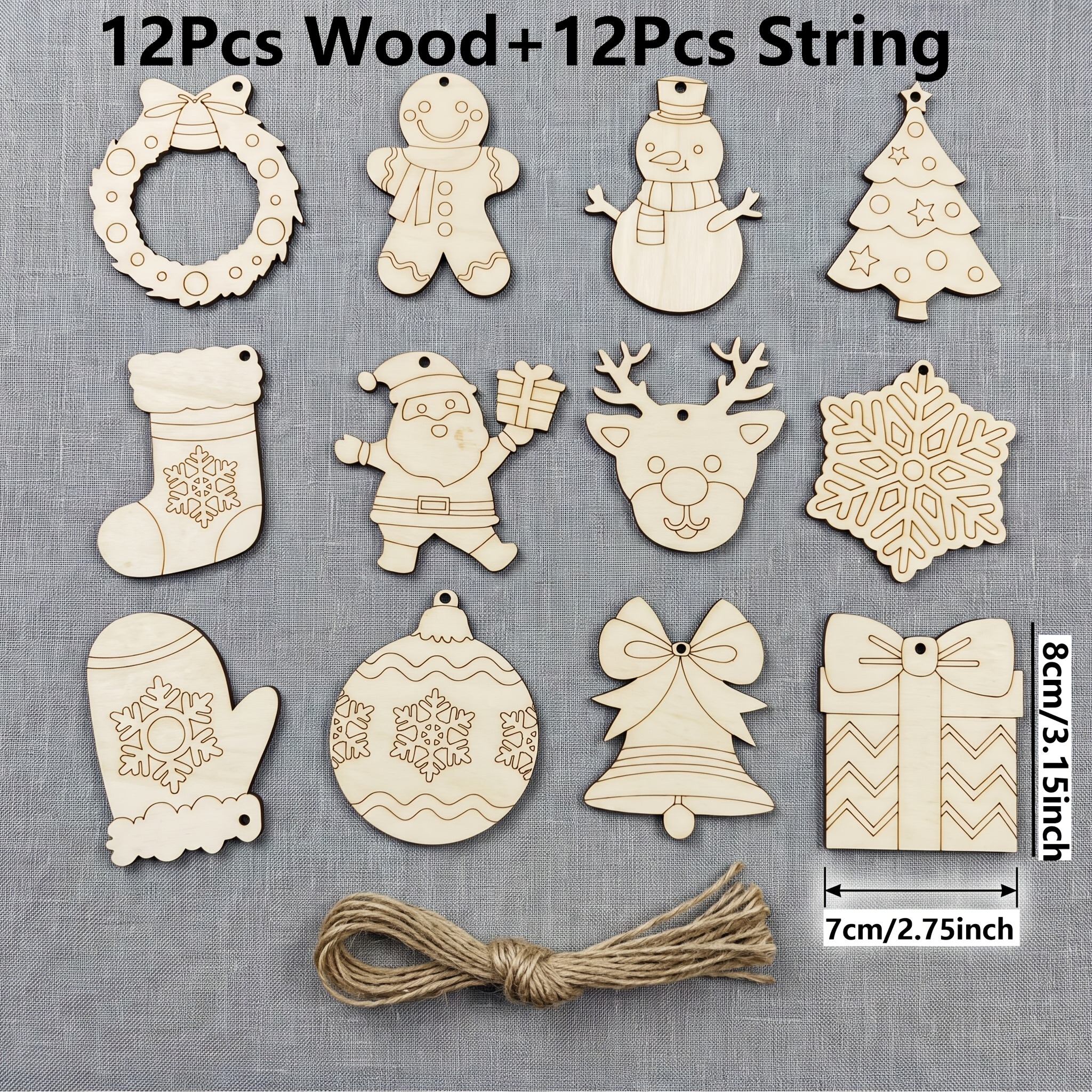 TEMU 24pcs Set Including 12pcs Wood Pieces And 12pcs Strings, Wooden Christmas Tree Stocking Bell Snowflake Santa Reindeer Shaped Ornaments Wood