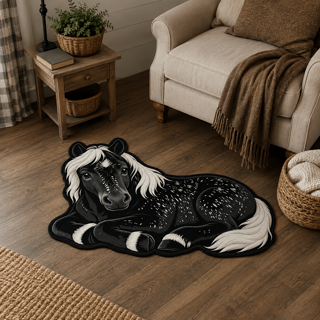 TEMU 1pc 2d Flat Black And Pony Rug, Suitable For Bedrooms, Carpets, Soft Washable Floor Mat, Irregular Horse-shaped Floor Decoration, For Rooms, ,