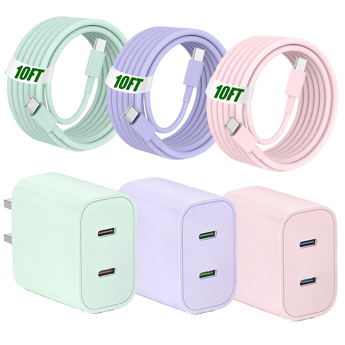 TEMU 20w Dual-port Usb-c Fast Charging Wall Adapter, Includes A 10-foot Usb-c To C Fast Charging Data Cable, Compatible With For Iphone 15-17 Series,