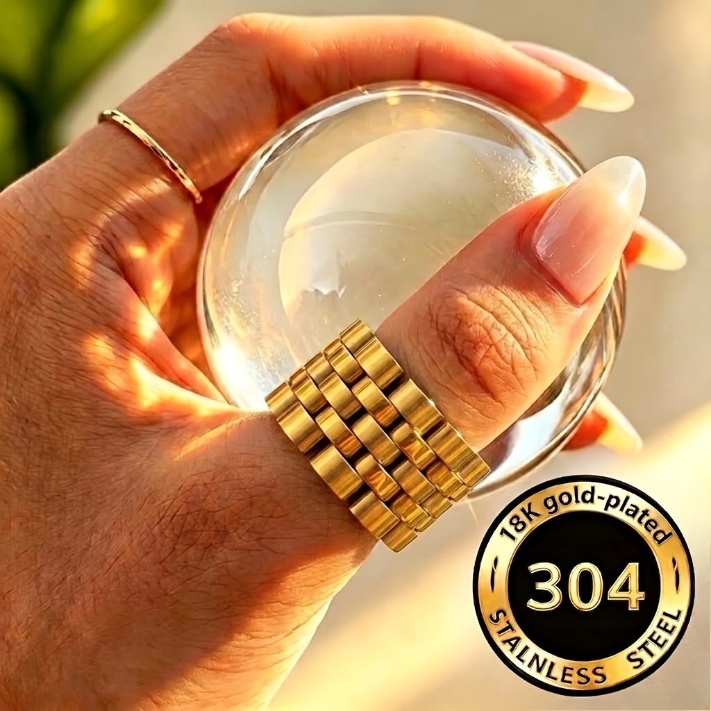 TEMU 2pcs 18k Golden Plated 304 Stainless Steel Watch Band Wide Rings, Adjustable Statement Finger Rings, Waterproof Hypoallergenic Women Fashion