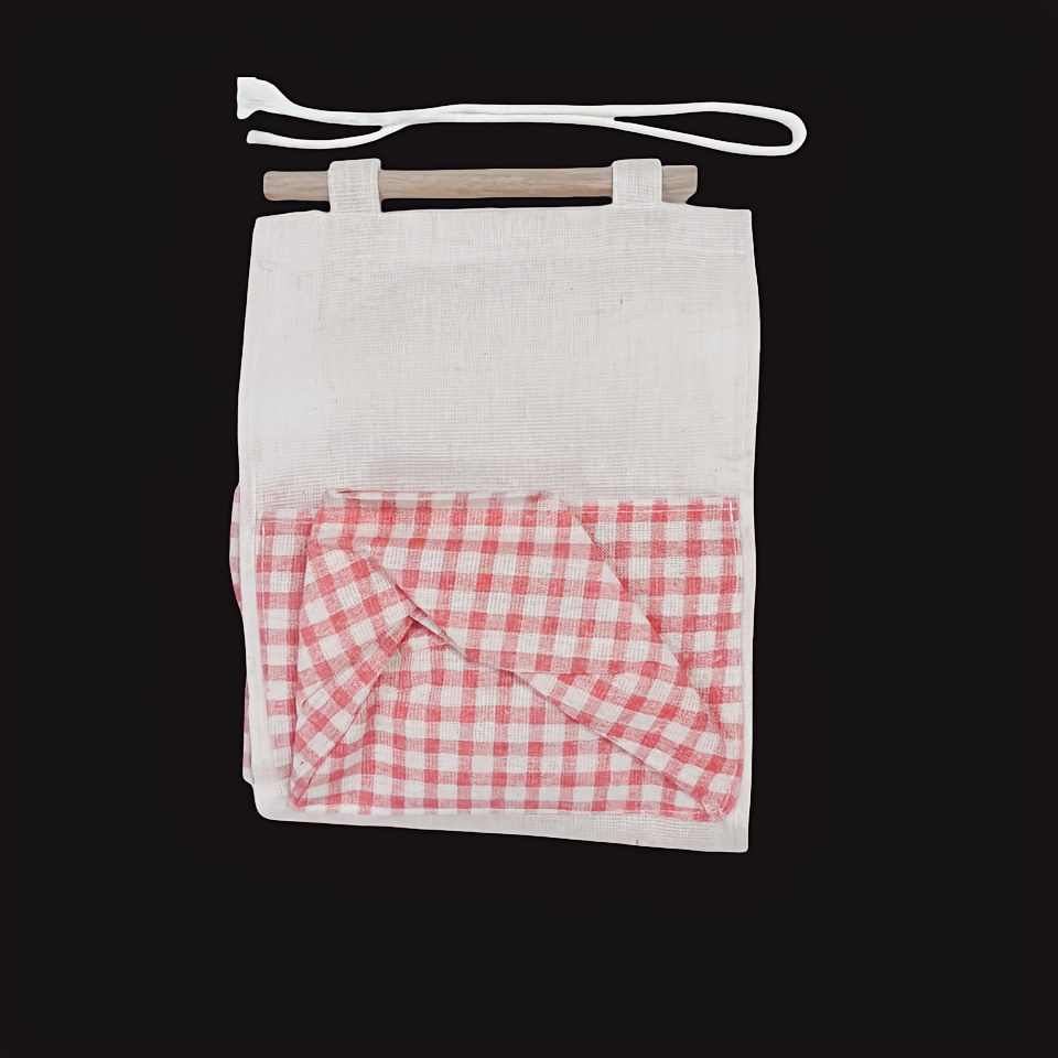 Image of 1pc Pink Plaid Canvas Storage Bag - Holds Books, Jewelry And Sundries, Suitable For Bedroom, Dorm And Home , Ideal Valentine's Day Gift, Hanging Storage Pouch