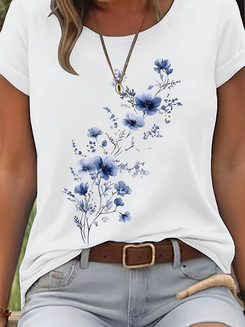 watercolor elegant floral pattern print short sleeves round neck t shirt spring and summer casual womens wear
