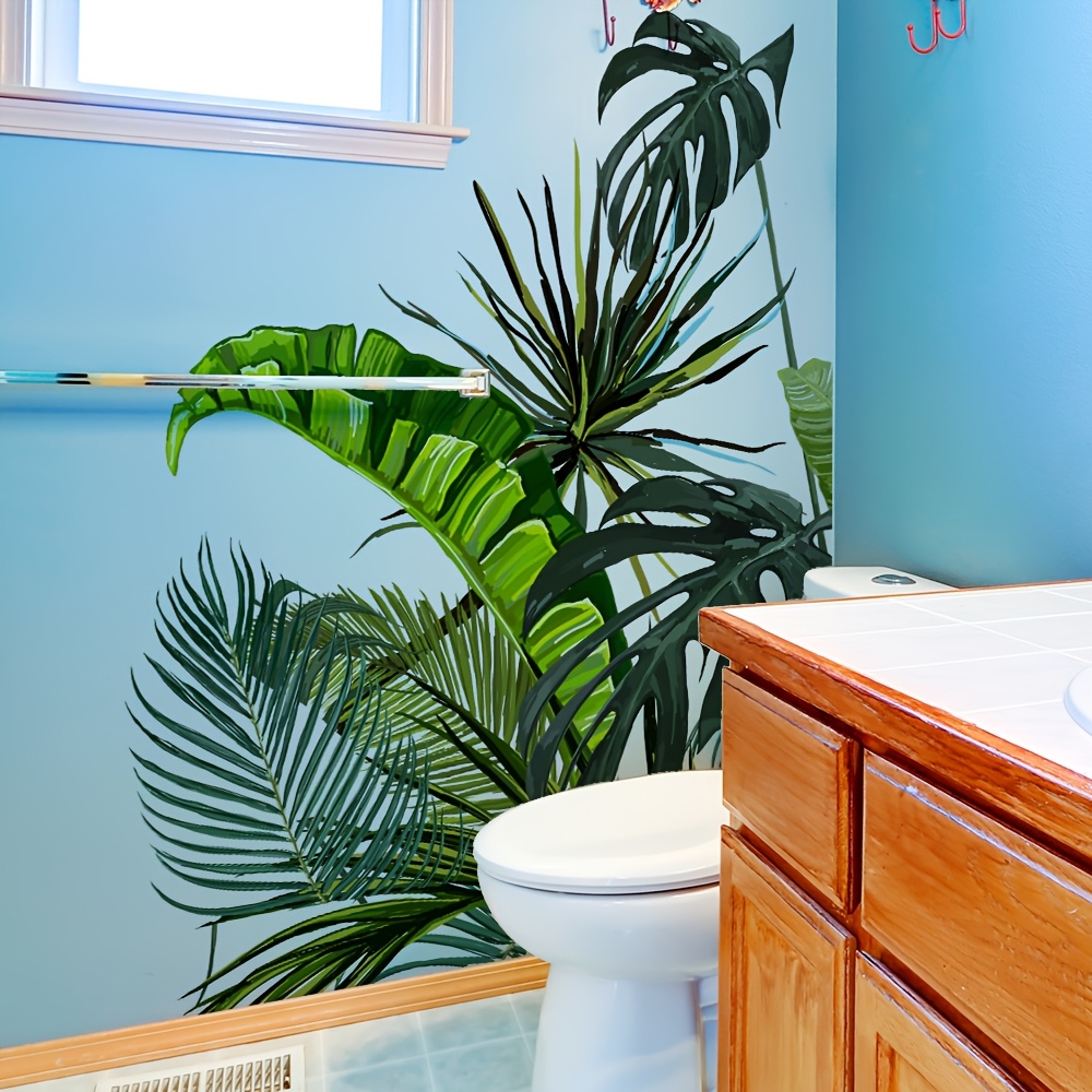 TEMU 1pc Nordic Style Tropical Greenery Wall Sticker, Monstera Banana Leaf Palm Leaf Pattern Bathroom Wall Self-adhesive Decorative Mural