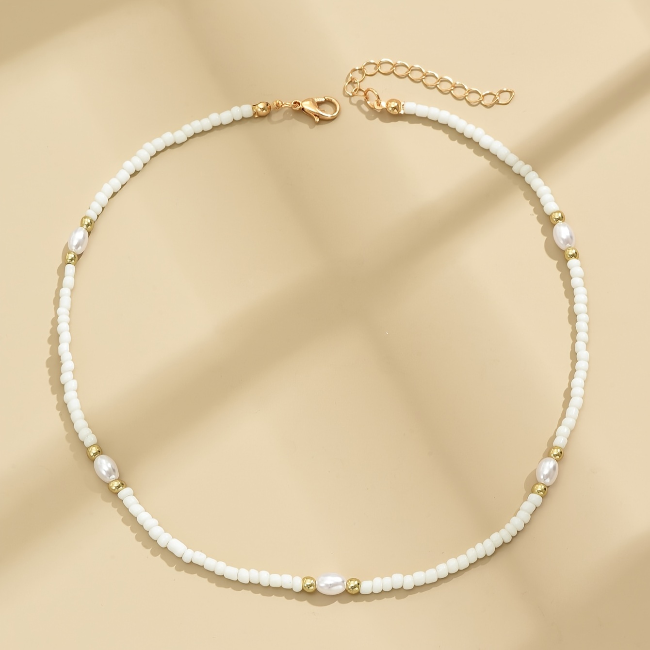 Image of 1pc Stylish Minimalist White Glass Rice Bead Golden Casual Choker Necklace Handcrafted Chain Adjustable Length, Variable Number Of Beads