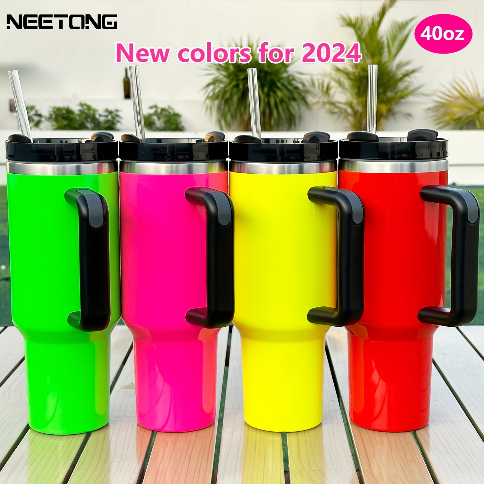 

1pc, Fluorescent Color Tumbler With Lid, 40oz Insulated Water Bottle With Handle, Portable Drinking Cups, For Car, Home, Office, Summer Drinkware, Travel Accessories, Birthday Gifts