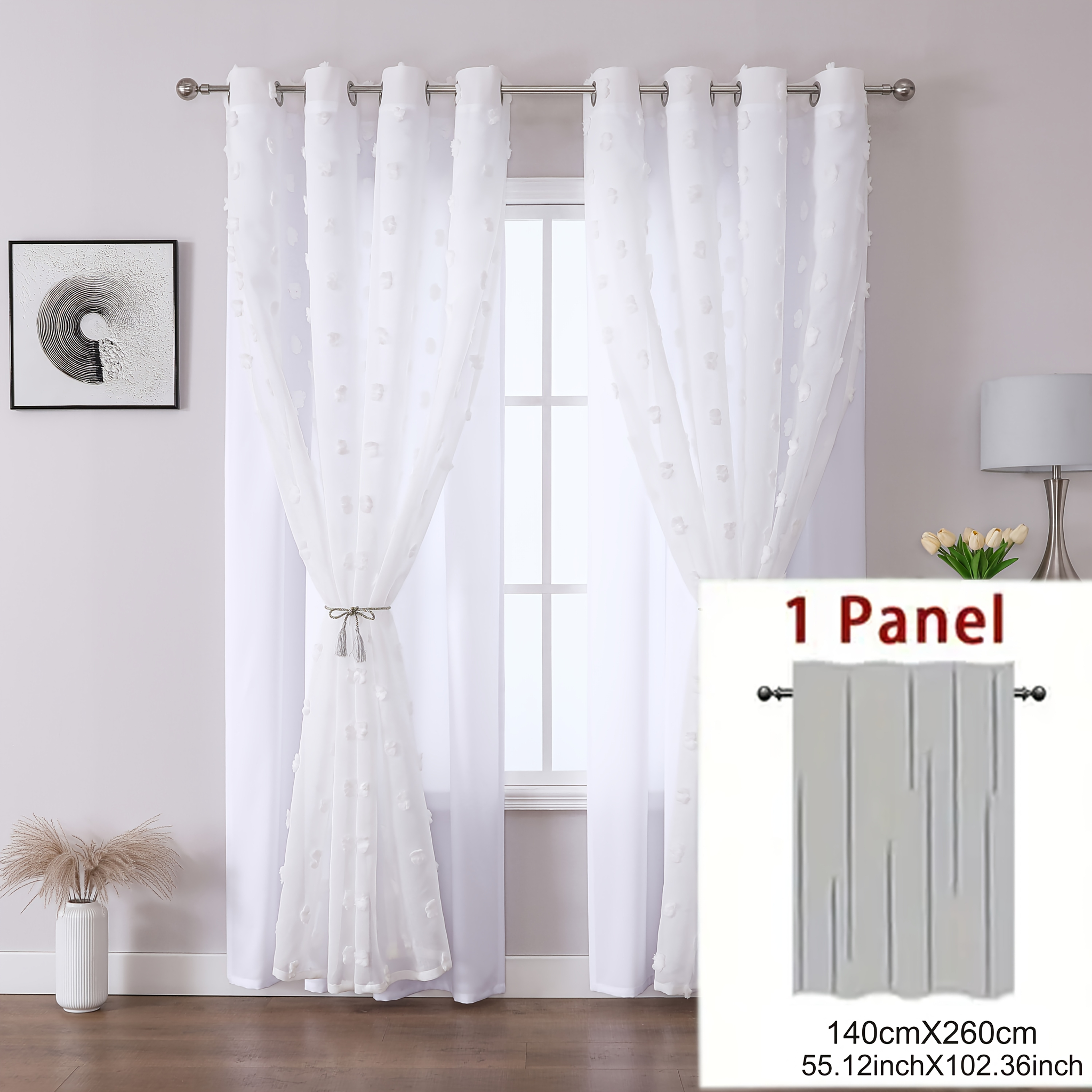 TEMU 1pc Blackout Sunshade Double Layer Curtain, Bohemian Style Polka Dot Embroidery Drapes, Double Layer Pom Pom Design, Suitable For Living Room
