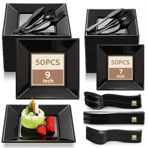 250pcs square plastic plates set party supplies 50 9 and 50 7 disposable plastic dinner dessert plates forks knives spoons for wedding birthday party favors black