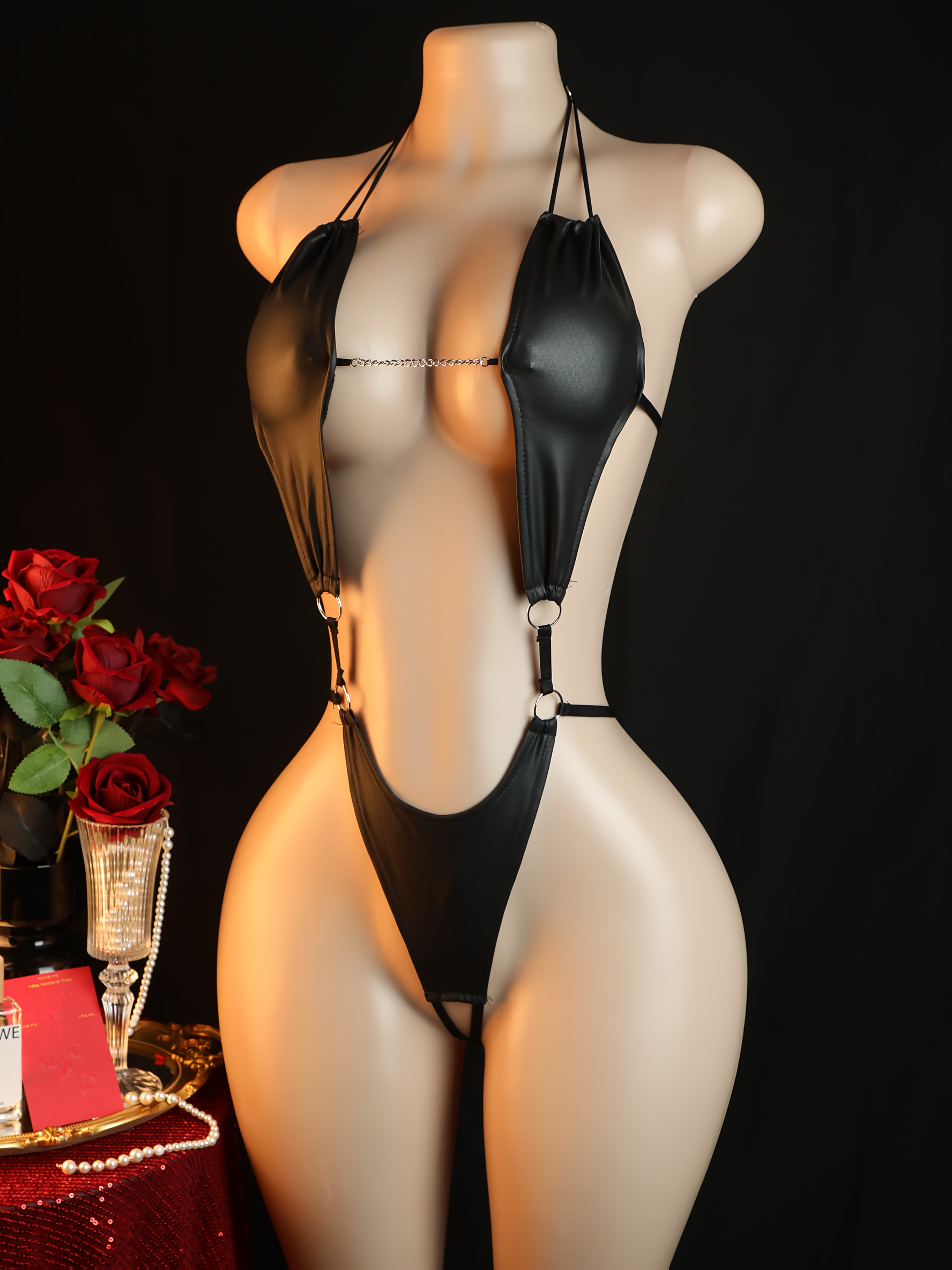 Sexy Bodysuit for Women, Sexy Semi-Sheer Metal Ring Linked Solid Color Teddy Bodysuit, Hot Backless Halter Backless Open Crotch Jumpsuit, Sexy Lingerie & Underwear for Women