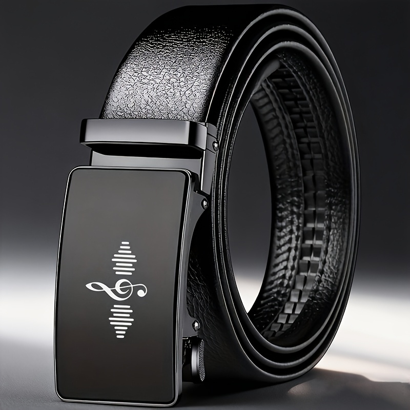 TEMU Men's Note Treble Clef Automatic Belt, Featuring A Music-themed Design With An Alloy Automatic And Black Belt Body. Smooth, Durable, And