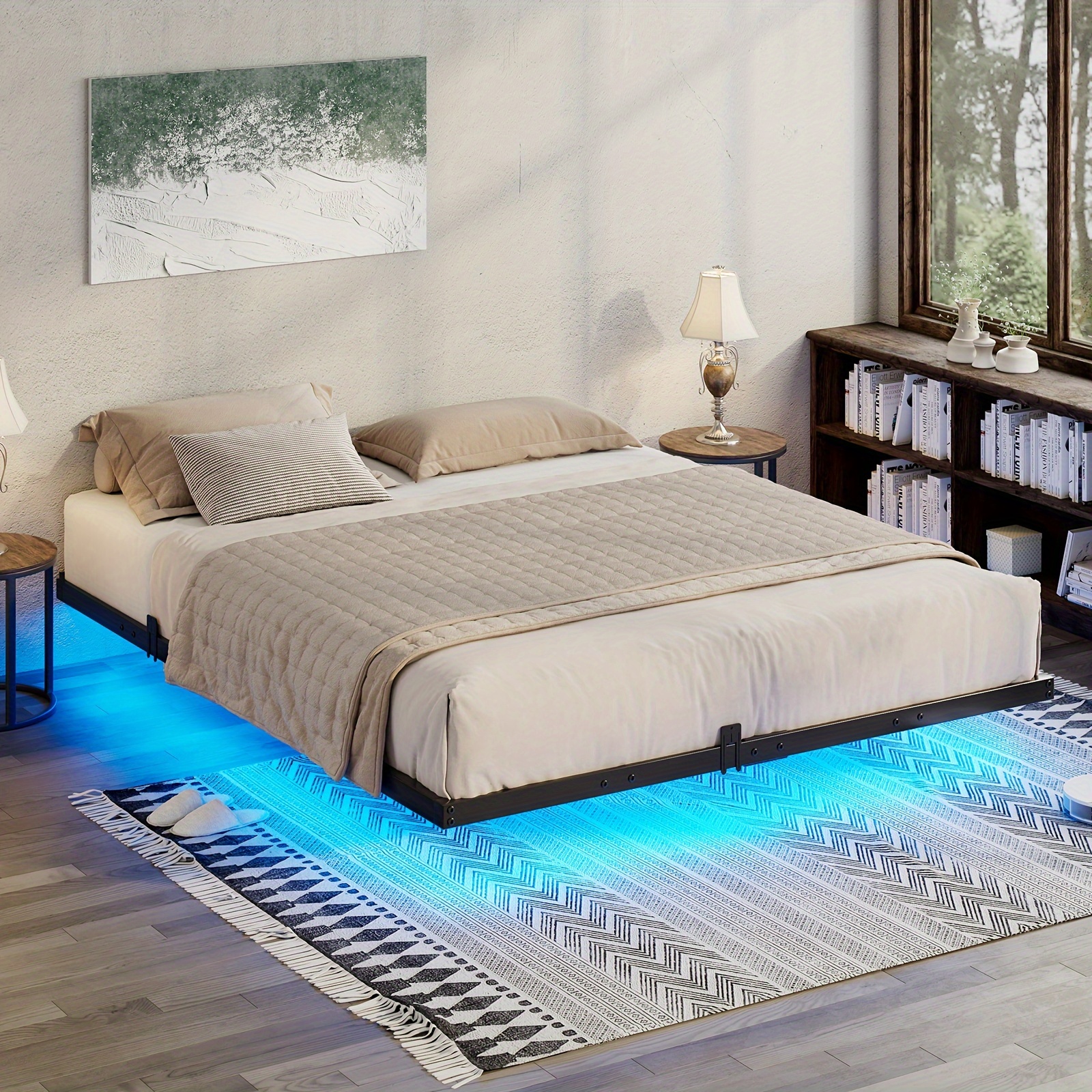 

Floating Bed Frame With Rgbw Led Light, Modern Metal Platform Bed With Steel Slat Support/heavy Duty/no Box Spring Needed/noise-free