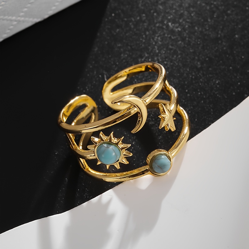 Adjustable Stainless Steel Ring with Moon Star Sun Turquoise Inlay