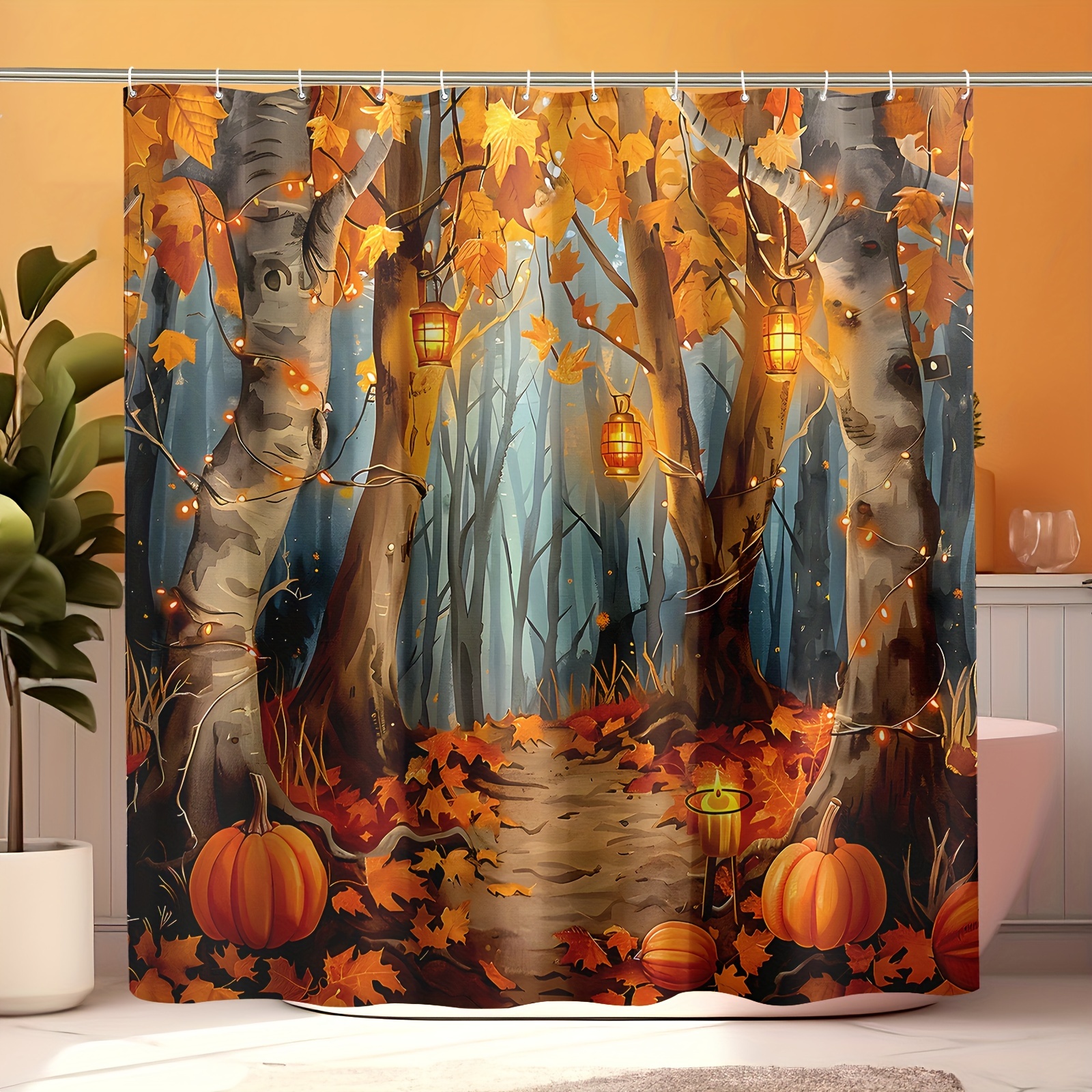 

1pc Forest Scene Fall Shower Curtain Pumpkin Maple Burnt Yellow Shower Curtains Waterproof Polyester 71*71 Inch With 12 Hooks Machine Washable Fall Shower Curtain For Bathroom Or Bathtub Decorative