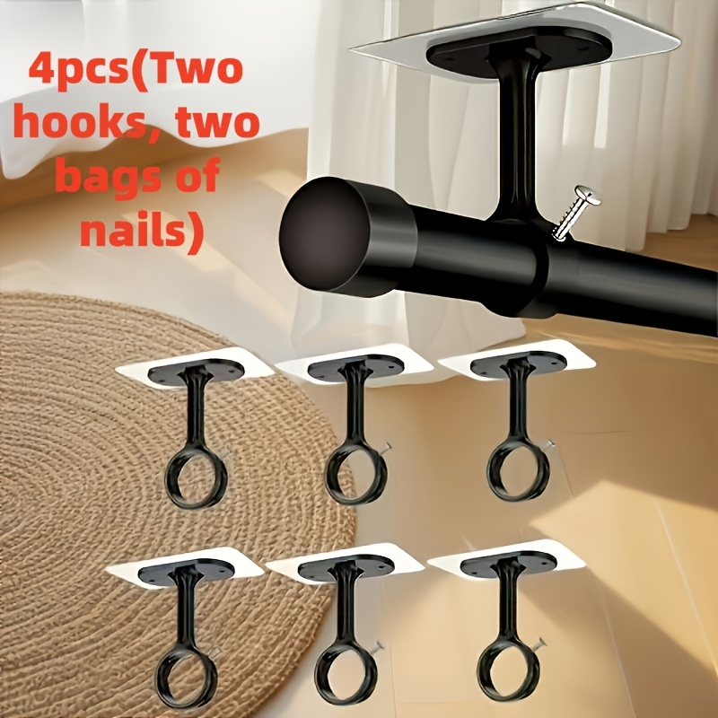 TEMU 4pcs Heavy-duty Self-adhesive Ceiling Curtain Rod Brackets With Hooks & Nails - No-drill Adjustable Suitable For Wardrobes, Bedrooms, Plastic