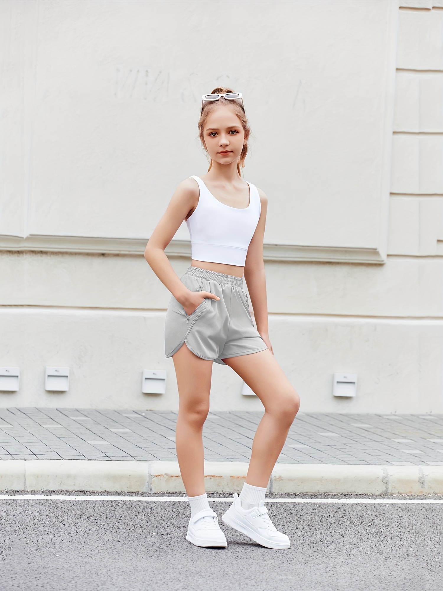 girls athletic shorts zipper pockets high waisted running Temu