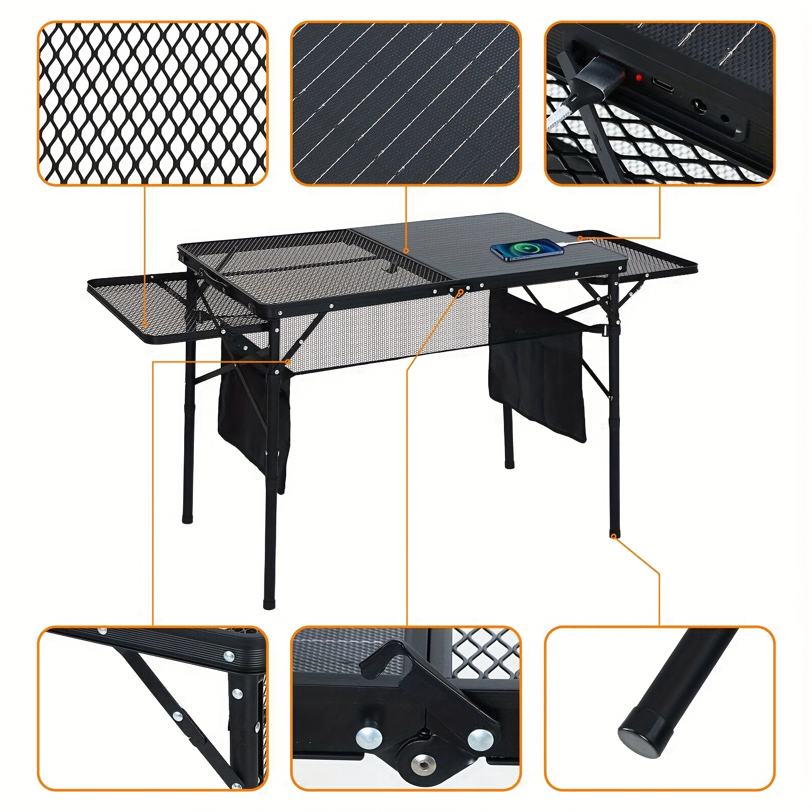 Camping Table With Built-in Solar Panel – Folding Grill And Tailgate Table With 2 Side Shelves For Convenient Charging Of Phones, Tablets, And Outdoor