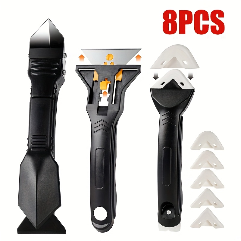 Image of 3in 1 Silicone Caulking Tools[stainless Steelhead], 8pcs, Caulk Remover Tool Kit With Stainless Steel Grout Scraper And Caulk Finishing Tools, Caulking Tool Kit For Kitchen, Bathroom