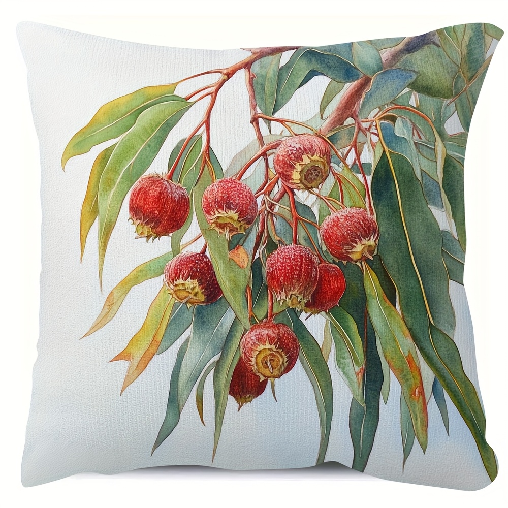 TEMU 1pc Traditional Style Short Plush Decorative Pillow Cover - 18x18 Inch Single-sided Watercolor Branch With Print, Zipper Closure, Hand Wash Sofa