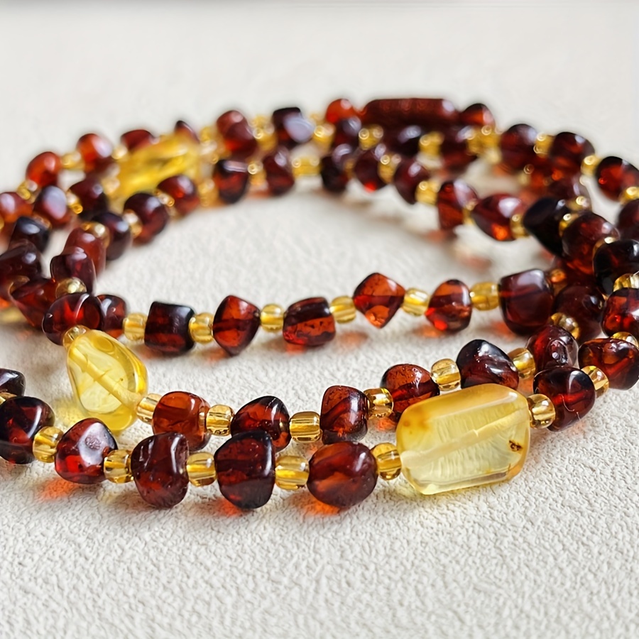 

Boho Style Natural Amber Beaded Necklace | Burgundy November Birthstone | No Plating Handcrafted Bead Neck Jewelry | Bohemian Delicate Seed Beads Chain | Dual-use Amber Accessory For Women And Men