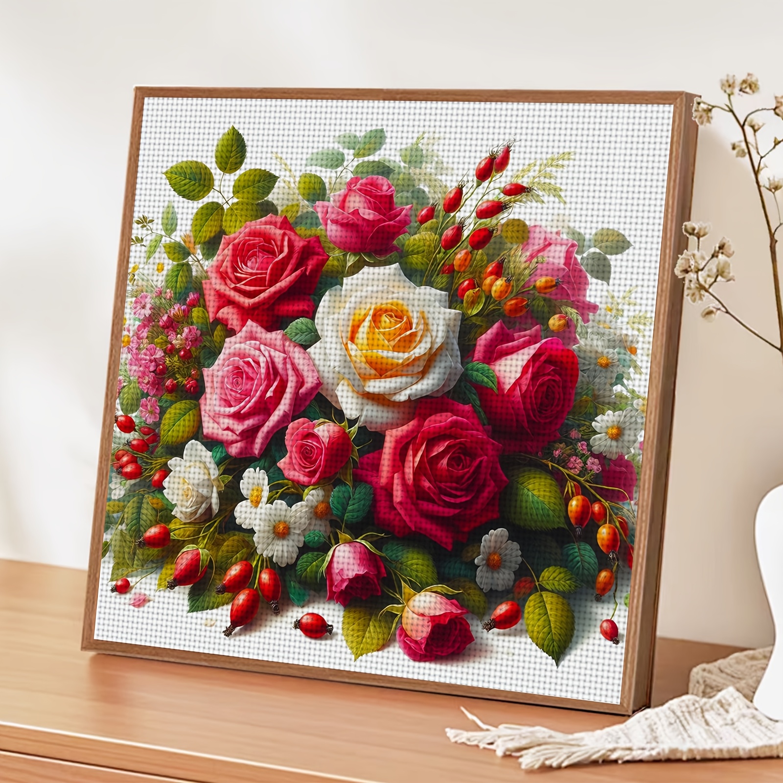 Frameless 11CT Cross-Stitch Printed Kit, Colorful Rose Bouquet