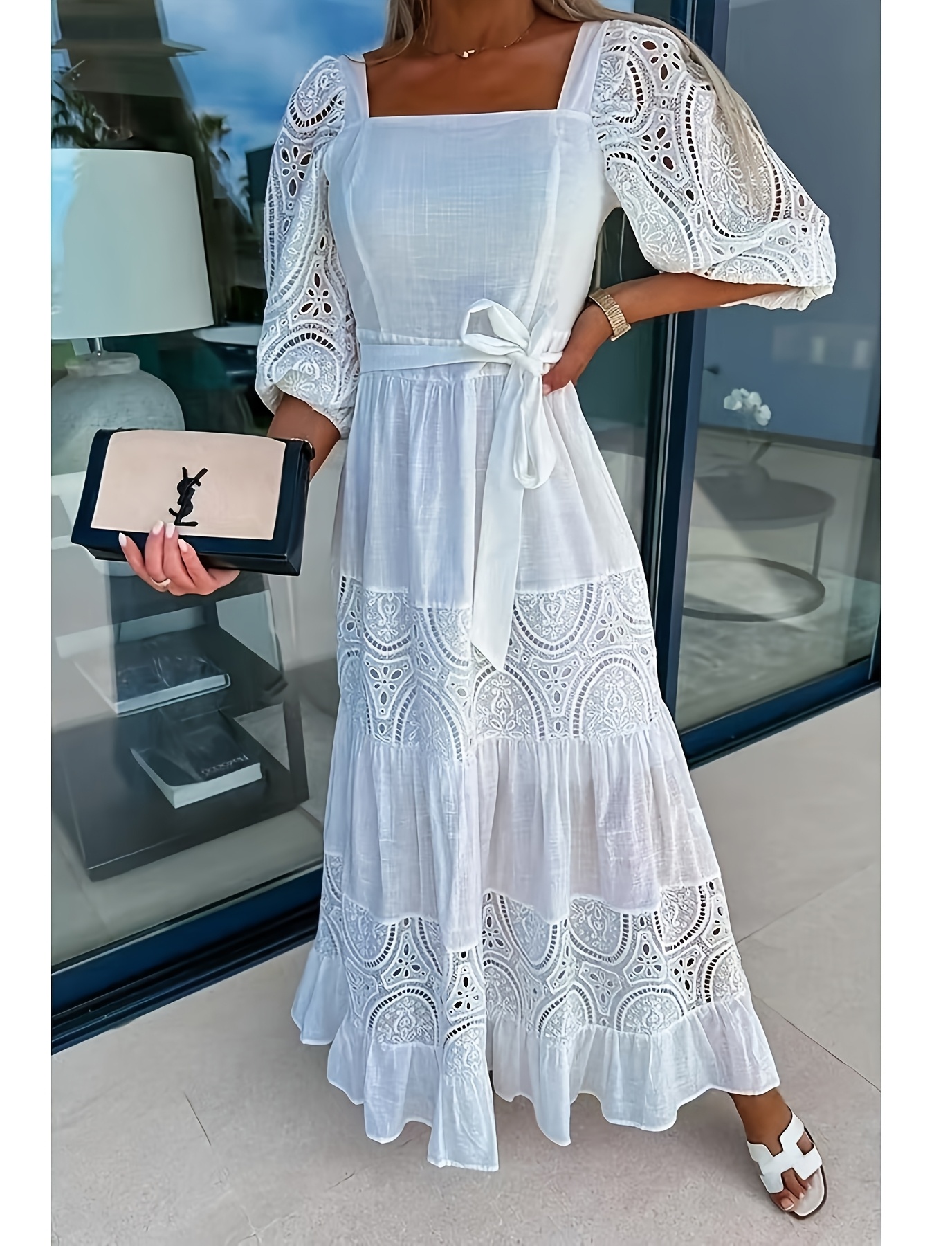 knee length dresses for ladies Angela Black Sleeveless Sheer Lace Ruffled Slit Midi Dress – Love, Ara main image 1