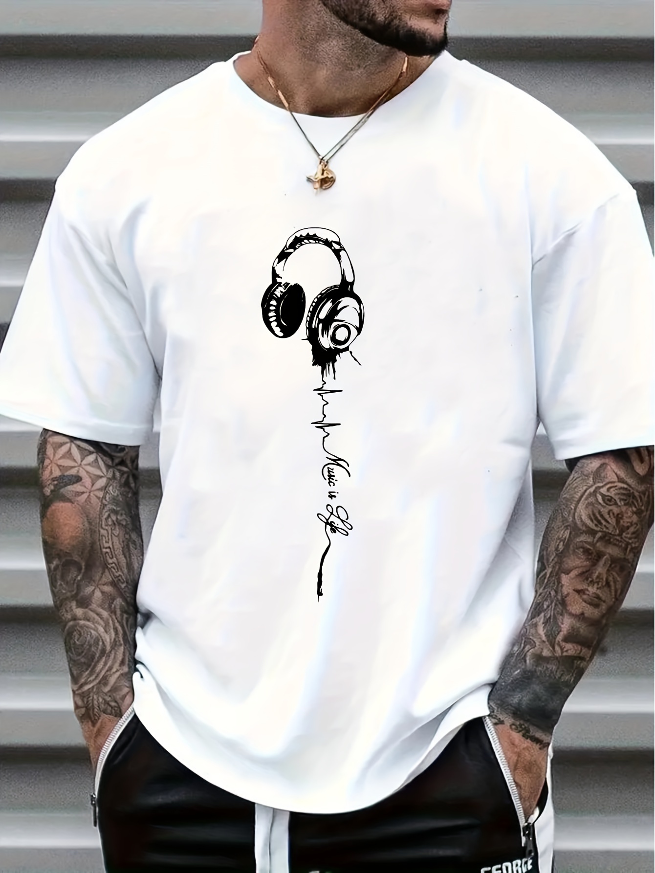 Men's Music Print Short Sleeve T-Shirts, Comfy Casual Elastic Crew Neck Tops, Men's Clothing