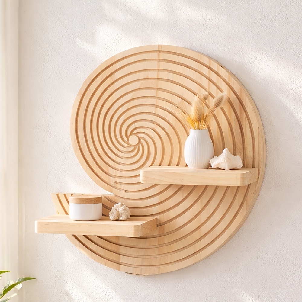 Circular Spiral Wooden Wall Shelf – Natural Wood Floating Shelf with Bohemian Geometric Design, Ideal for Bathroom, Living Room, Bedroom Decor – Space-Saving Storage Rack, Unique Wall Art Decor