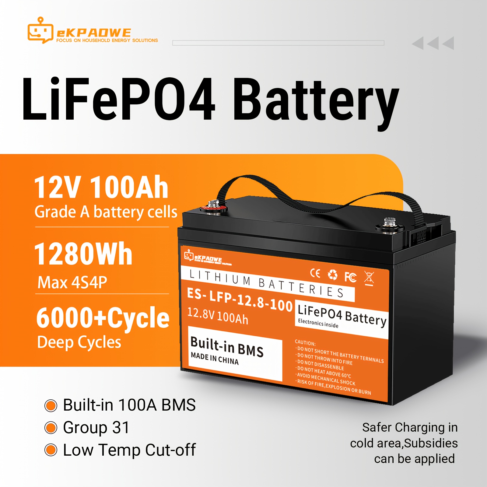 EKPAOWE 12V/12,8V 100Ah LiFePO4 baterija z BMS, zaščito nizkimi temperaturami in globokim ciklom, primerna za RV sončno energijo, litijeva