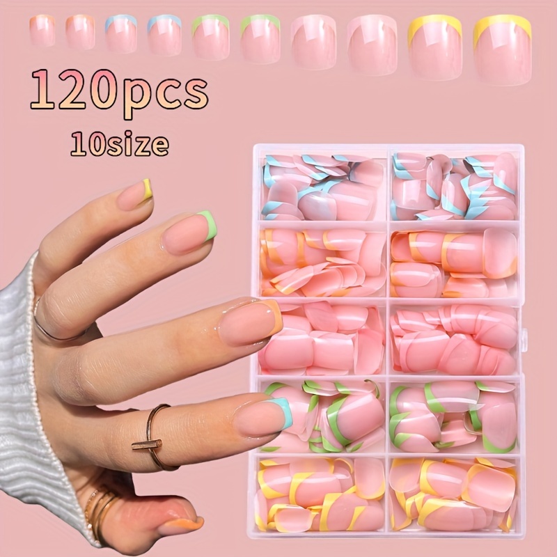 

120pcs Rainbow French Tip Press-on Nails Set - Short Square, Full Coverage Acrylic False Nails In Mixed Colors With For Care