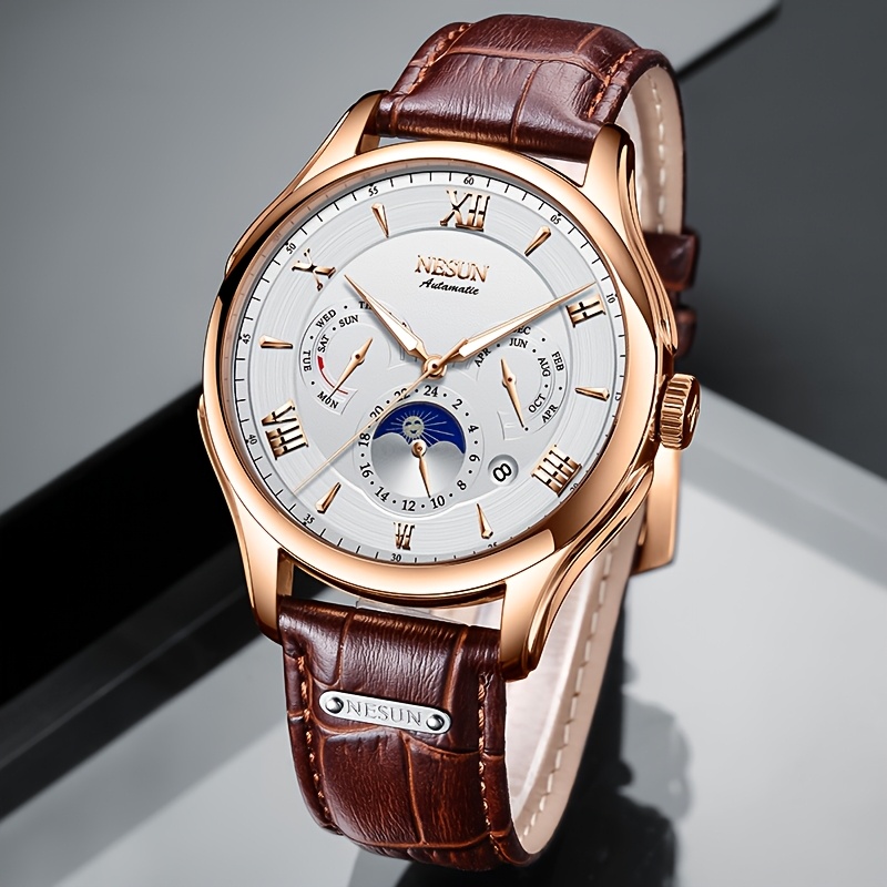 Men's Multifunctional Stainless Steel Mechanical Watch with Leather Strap