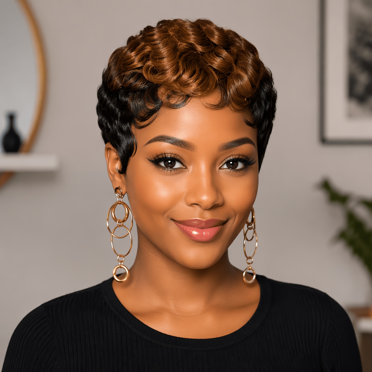 TEMU Short Cut Human Hair Wigs With Bangs For Women, Black And Brown Short Layered Cut Wig, And Restyled Daily For Office And Party Hairstyles,