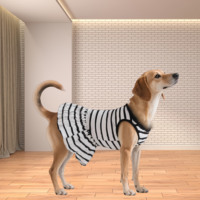 TEMU Dog Black And White Striped Ruffle Hem Dress, Elastic Fabric, Comfortable And Breathable, Zebra Print For Spring, Summer, And Autumn, Striped