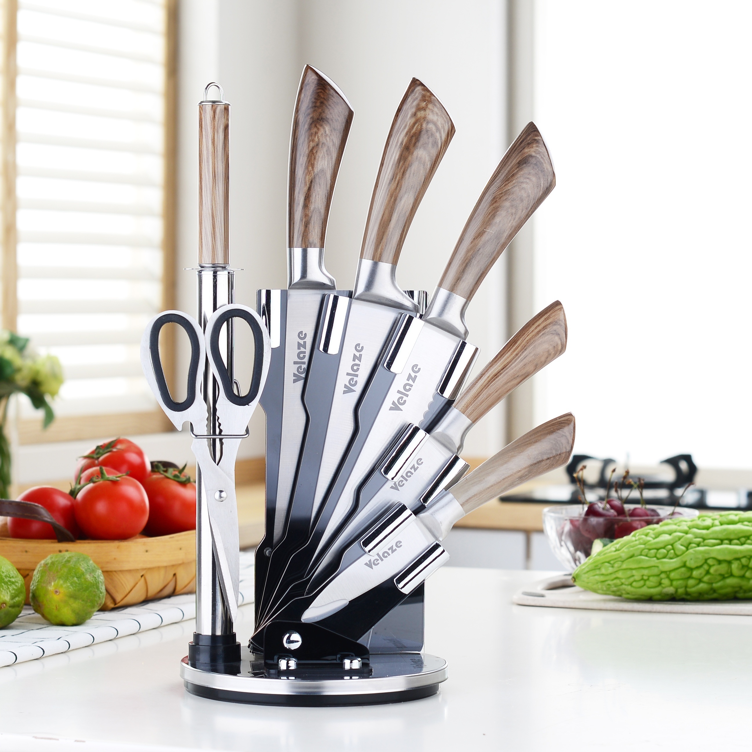 

8pcs/set, Knife Set With Sharpener, Stainless Steel Kitchen Knifes Set With Holder, Includes Chef Knife, Bread Knife, Carving Knife, Utility Knife, Paring Knife, Scissors, And Stand, Kitchen Stuff
