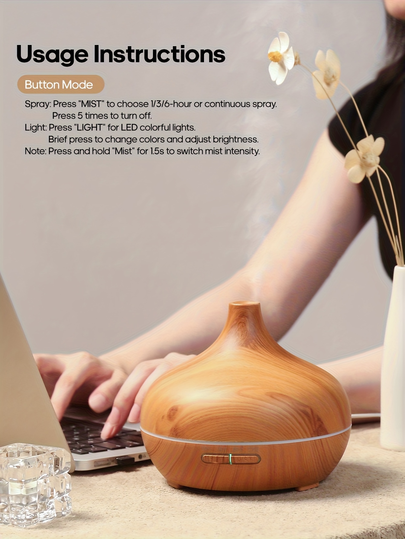 Difuzor de Aromă cu Textură de Lemn 300ml, Alimentat prin USB, 3 Stiluri (Lemn Închis/Deschis, Marmură), Lumini de Atmosferă cu 7 Culori și Timer, Operare Simplă cu Butoane Fără Telecomandă, Tehnologie Soundwave Silențioasă, Oprire Automată la Uscare, Umidificator de Uleiuri Esențiale pentru
