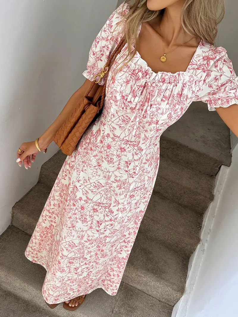 square neck short sleeve ruched floral midi dress Sample Floral Square Neck Short Sleeve Midi Dress