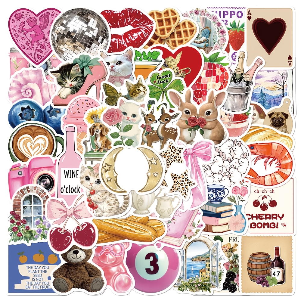 50pcs Pink Retro Art Stickers - Pvc, Ideal For Scrapbooking, Laptops, Skateboards & More - Add A To Your Devices!
