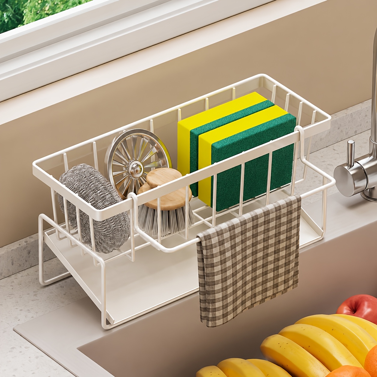 TEMU Versatile Kitchen Sink Organizer With Towel Rack - Metal Sponge Holder, Dish Soap Caddy & Self-draining Tray - Black And White, No-drill