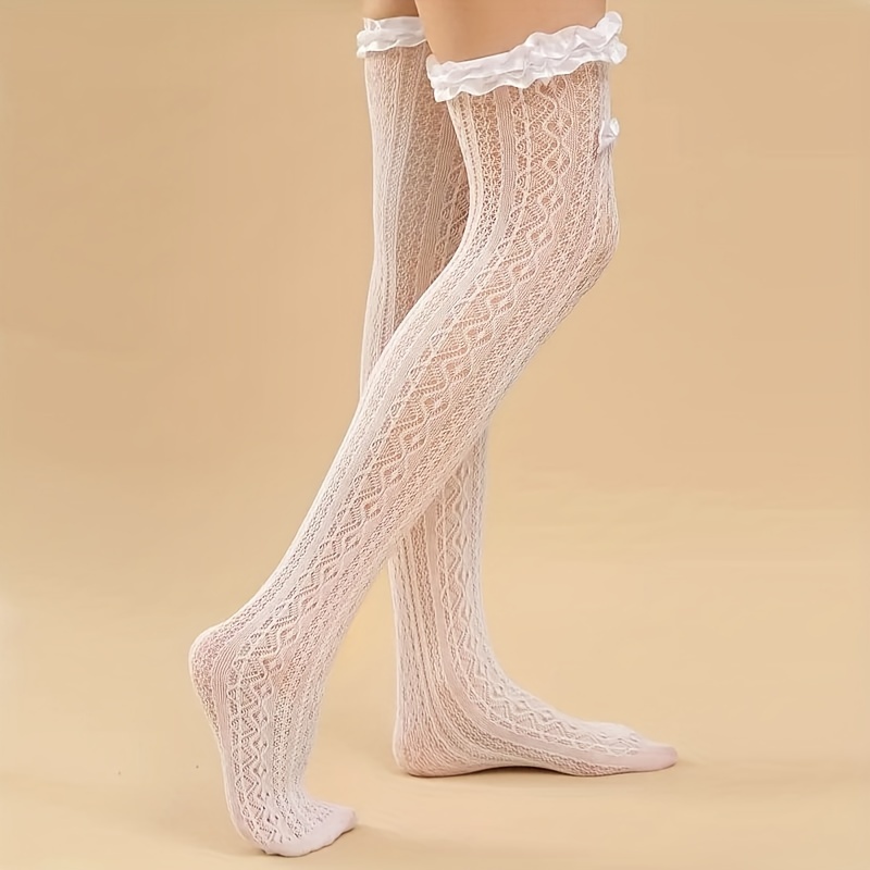 bow ruffled lace thigh high stockings jk style sweet over the knee socks womens stockings hosiery