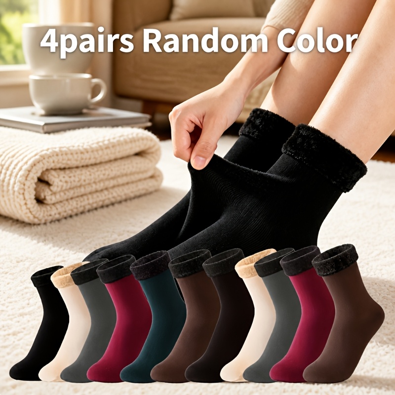 TEMU 4 Pairs Of Random Color Socks, Warm And Comfortable, Thickened And Plush For Cold Weather Protection, Durable And Pill-resistant, Unisex,