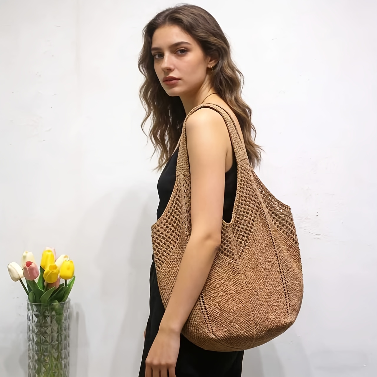 Vintage Crochet Handbag - Fiber Woven Shoulder Bag, Lightweight And Durable, Suitable for Travel, Beach, And Daily Use - Women'S Fashion Accessory - Semi-Hollow Hexagon