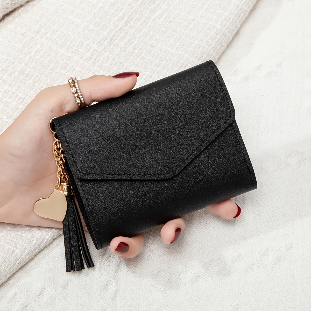 TEMU Mini portefeuille court uni en PU pour femme, porte-cartes de crédit pliable à rabat et à pression multifonction | Porte-monnaie avec décoration