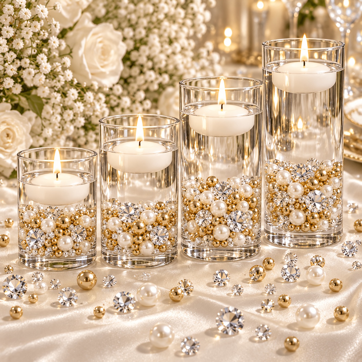 TEMU 1346pcs Golden Fake Diamonds Crystal And Pearl Beads Mix, Plastic Clear Gems For Vase Fillers, Table , Photo Props, Crafts, Centerpiece, Table