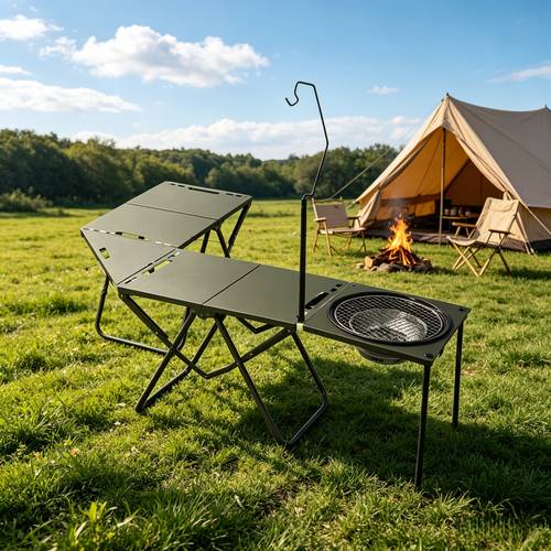 all in one portable camping table with built in charcoal grill folding outdoor with lantern stand and adjustable side tables for rv tailgating picnic