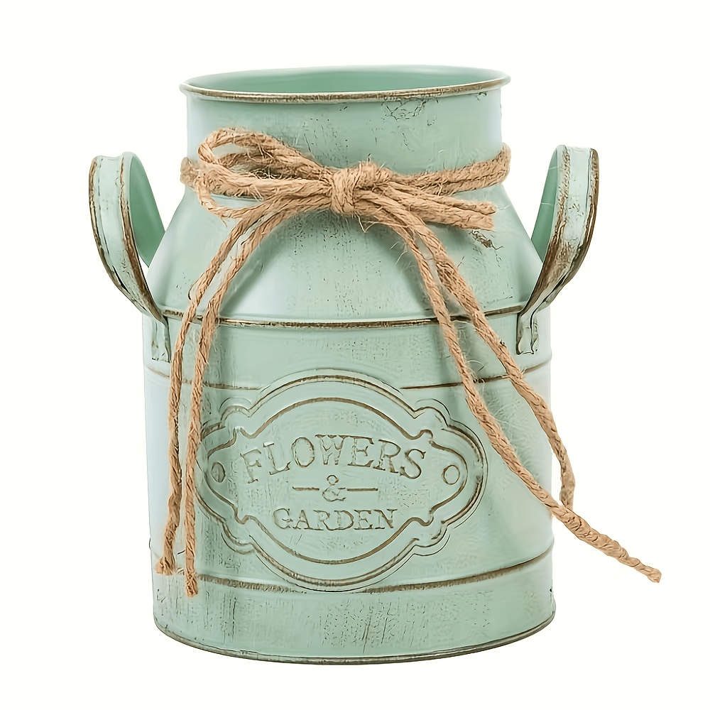 Image of 1pc Vintage Metal Vase | 15.24cm Flower Vase With "flowers & Garden" Design, Rustic , Twine Bow Accent, Perfect For Home, Living Room, Or Office Decor, Iron Material