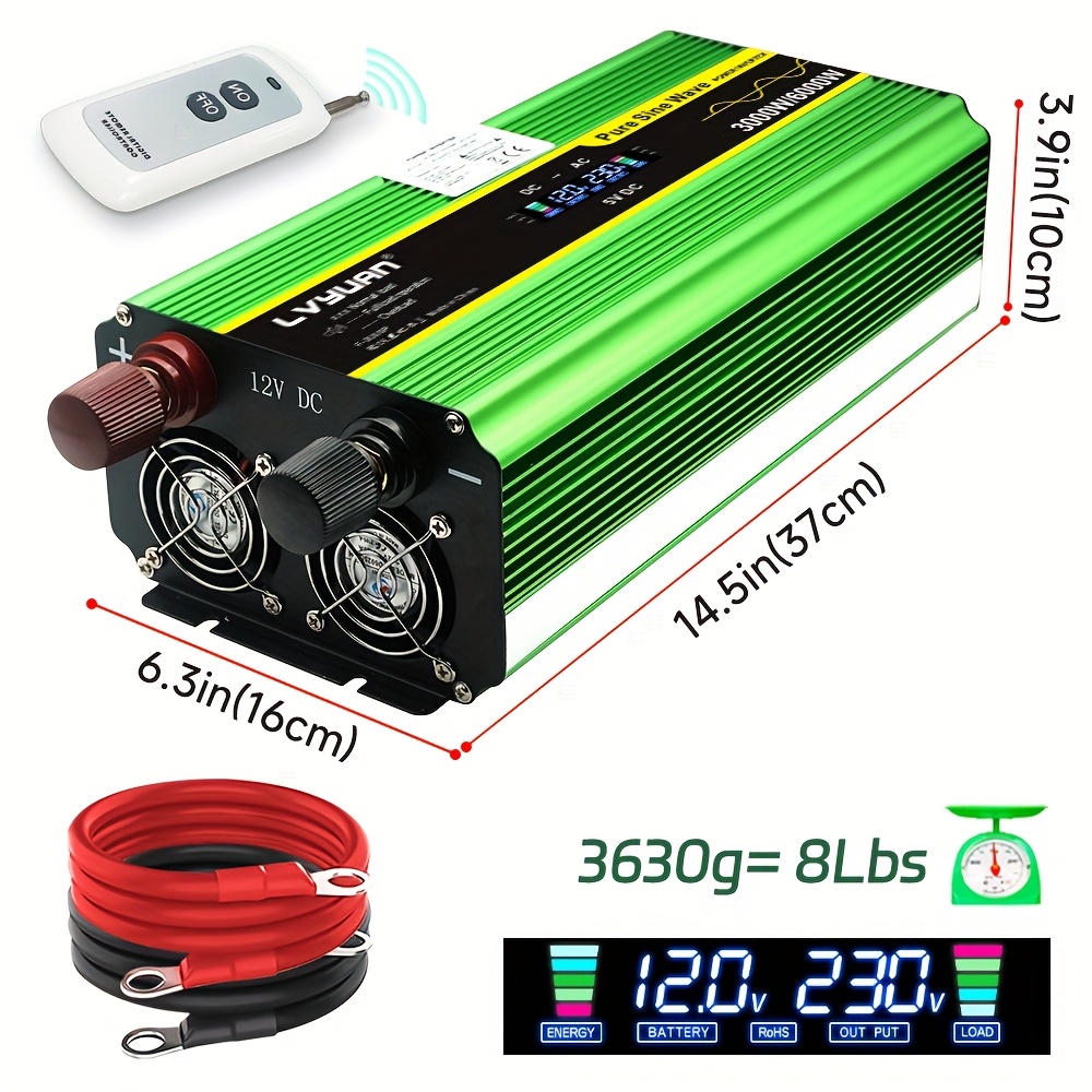 TEMU Lvyuan 3000 Watt Pure Sine Wave Inverter 12v To 230v Ac, 6000w Power Inverter With Remote Control And Lcd Display And 4 Ac Outlets And 4 Usb