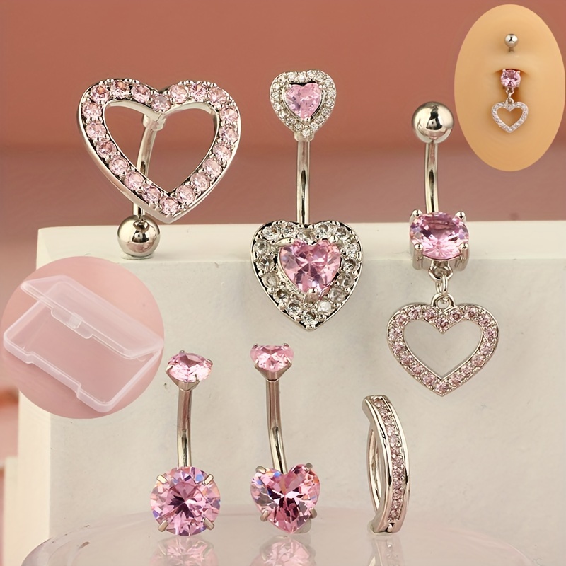 6pcs 14g Heart Dangle Belly Button Rings Navel Piercing Body Jewelry For Women Packing With Box
