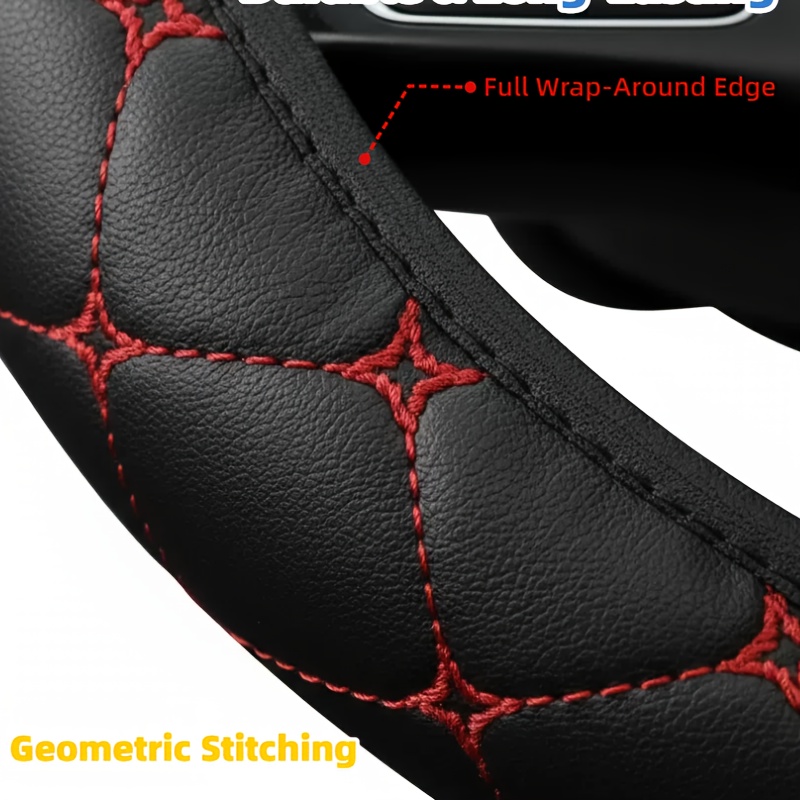 Funda de Volante en Cuero PU, Sin Anillo Interior para Fácil Instalación, Textura Clásica de Estrella de Cuatro Puntas y Rombos, Compatible con Volantes Tipo O y D de 38 cm/15